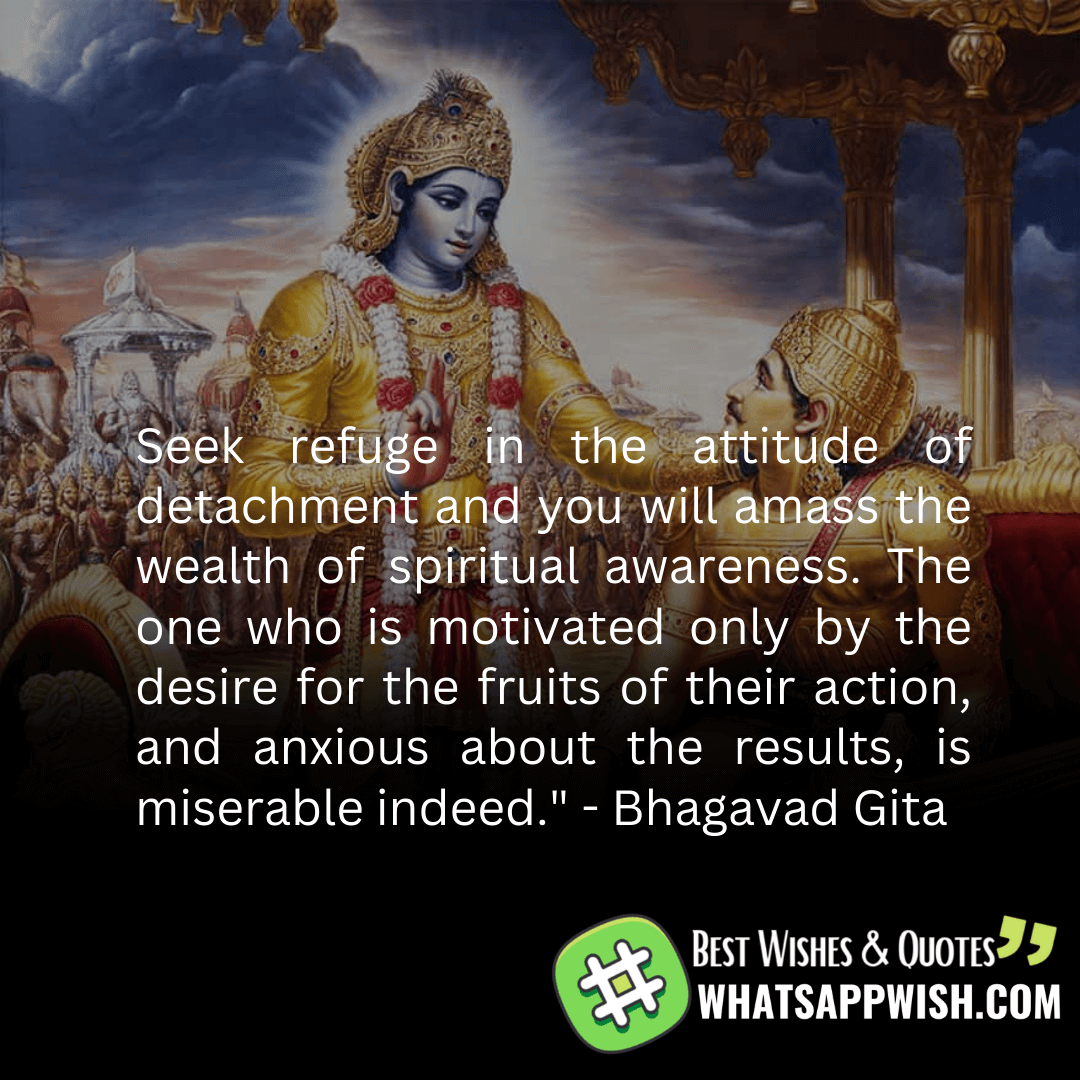 “Seek refuge in the attitude of detachment and you will amass the wealth of spiritual awareness. The one who is motivated only by the desire for the fruits of their action, and anxious about the results, is miserable indeed.”
― Bhagavad Gita